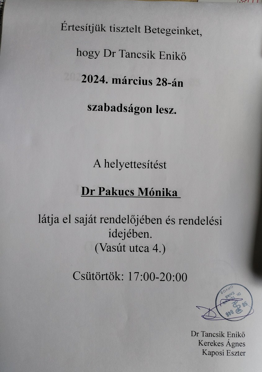 03.28. – Helyettesít Dr. Pakucs Mónika
