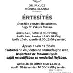 Dr. Pakucs Mónika szabadsága 04.11 - 04.12