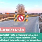 📢🚧 TÁJÉKOZTATÁS – Útburkolat festési munkálatok, a régi 4-es számú főút Szentmártoni útba csatlakozó balesetveszélyes kanyarban❗️